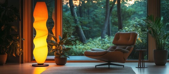 Modern living room with floor lamp, armchair, and plants near large window overlooking forest.