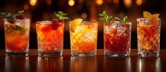 Five refreshing cocktails in cut glass rocks glasses with ice, garnished with fruit and mint, on a bar.