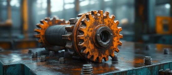 Rusty industrial gear mechanism on metal surface.