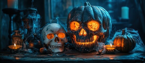 Halloween Still Life with Skull and Pumpkin.