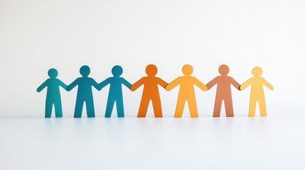 Paper cut-out people of different skin tones holding hands in a circle, symbolizing multiracial unity, soft daylight, minimal white background.