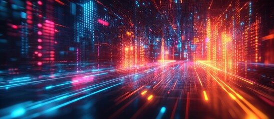Futuristic cityscape with vibrant neon lights and fast-moving vehicles.
