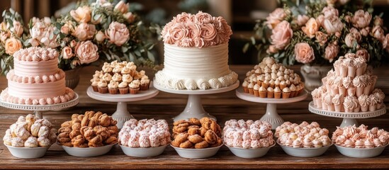 Elegant dessert table with cakes, cupcakes, cookies, and pastries.