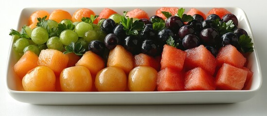 Colorful fruit platter with cantaloupe, honeydew melon, green grapes, blueberries, red grapes and watermelon.