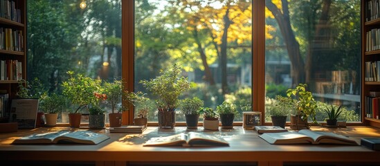 Sunny Study Nook with Books and Plants.