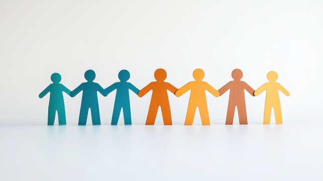 Paper cut-out people of different skin tones holding hands in a circle, symbolizing multiracial unity, soft daylight, minimal white background.