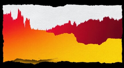 Ripped paper with vibrant color gradients and jagged edges; a chart or graph depicted in varying shades of red, orange, and yellow