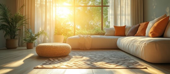 Sunlit living room with beige sectional sofa, plants, and woven ottoman.