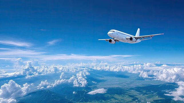 Airplane Flying Through White Clouds in a Bright Blue Sky Daytime Flight Travel Journey Aerial View of Landscape