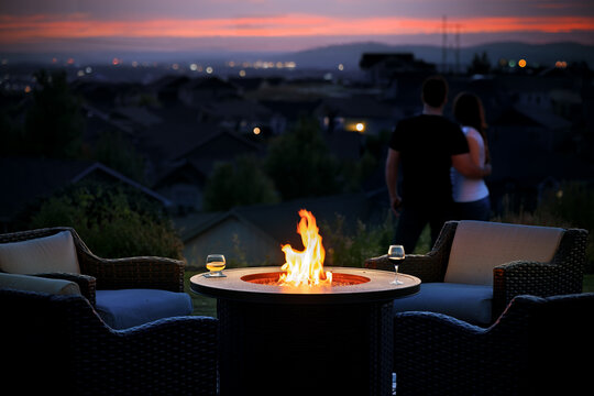 A young couple stands outdoors together on a hillside terrace with a flaming fire pit and drinks as the sun sets and city lights start to appear.