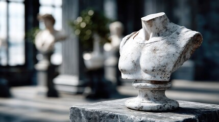 Ancient Male Torso Sculpture in Stone Texture Detail on Stone Pedestal in Interior Setting