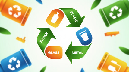 Recycling symbol for paper plastic glass and metal waste management and environmental sustainability concept