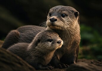Obraz premium Cute river otter and baby otter with wet fur in the wild