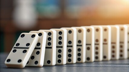 stock market visual metaphor prediction concept. Dominoes lined up with one tipping over, creating a chain reaction effect.