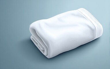 Folded white fabric, likely a sheet or blanket, on a light blue surface