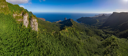 Magnificent aerial view of the bottom of the HANE and HOKATU valleys on the island of UA HUKA in the Marquesas archipelago in French Polynesia