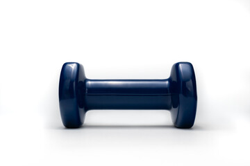 single blue rubber dumbbell with a shadow isolated on a white background