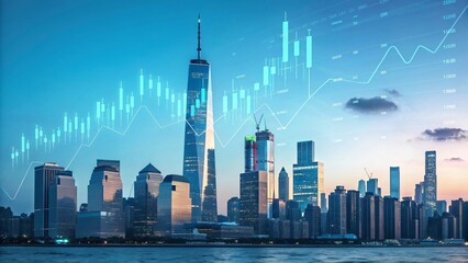 Obraz premium Financial Market Growth Upward Trending Stock Chart Over City Skyline at Dusk