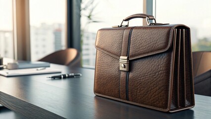 Professional Brown Leather Briefcase on Modern Office Desk Corporate Business Success Concept