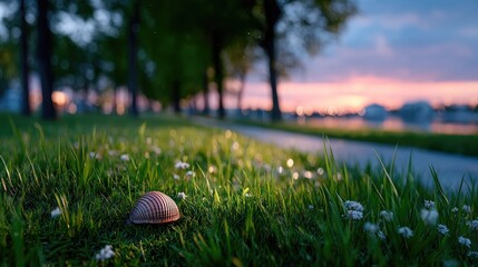 Armadillo Resting in Dewy Grass Near Path at Dusk with Blurry Background of Trees and Sky