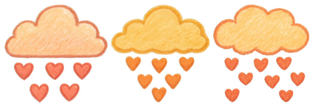 PNG Whimsical clouds raining hearts, element set on transparent background