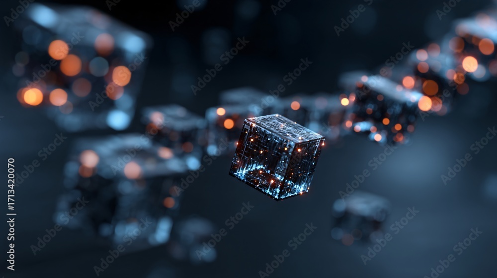 Aufkleber futuristic network glowing cubes connected in a digital data stream abstract background