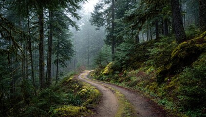 Obraz premium A winding, dirt road curves through a misty, lush evergreen forest. Moss drapes trees and hillsides, creating a damp, serene atmosphere. Light filters dimly through the dense canopy