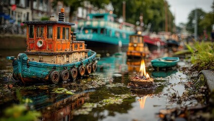 Obraz premium Miniature tugboats in canal, fire