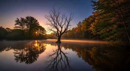 Sunrise over Calm Lake with Bare Tree Reflection.