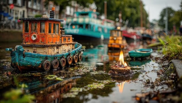Miniature tugboats in canal, fire