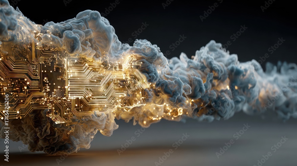 Poster digital cloud formation with circuit board, innovation in technology and data processing