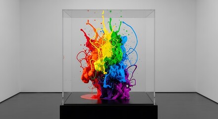 A vibrant, rainbow-hued liquid explosion is captured within a transparent cube on a black base, set against a minimalist white backdrop
