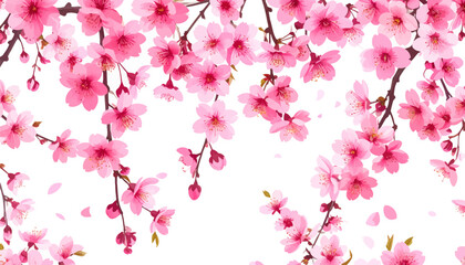 Fototapeta premium Pink cherry blossom flowers in bloom. Beautiful sakura blossoms on white background. Delicate cherry blossoms with petals falling. Vibrant sakura branches. Sakura blossoms creating a serene scene