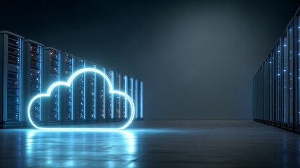 Illuminated Cloud Symbol in Modern Data Center Server Room Network Technology Cloud Computing