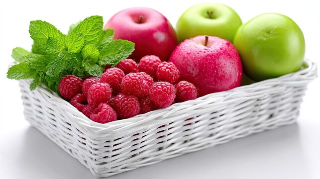 Assorted Fresh Fruits in White Woven Basket on White Surface featuring Red Apples Green Apples Raspberries and Green Mint Leaves Close Up