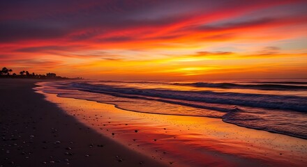 Vibrant Sunset Over Tropical Beach With Gentle Waves Reflecting Fiery Sky.