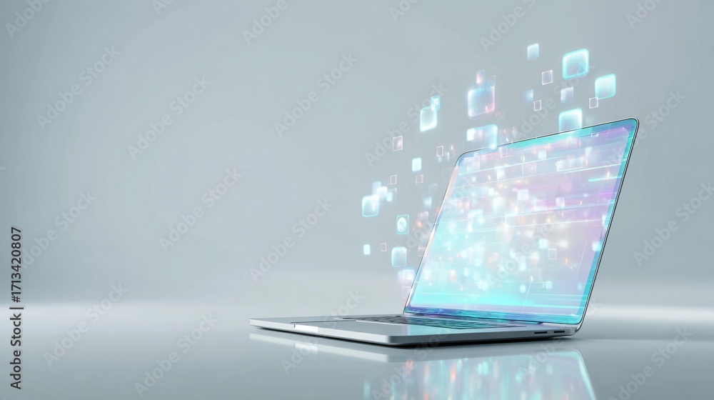 Aufkleber digital data transfer laptop with glowing screen and abstract data icons streaming