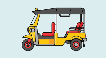 Fototapeta premium Vibrant Vector Illustration of a Yellow Tuk-Tuk Taxi for Travel Guides and Tourism Promotion in Southeast Asia. Ideal for travel blogs, brochures, and educational resources.