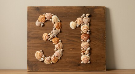 Fototapeta premium seashells - A decorative wooden panel featuring the number 31 creatively arranged with various seashells, set against a neutral background, perfect for coastal-themed decor
