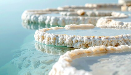 Calcite rafts forming on mineral water crisp edges open central copy field representing natural precipitation suitable for geology education and editorial