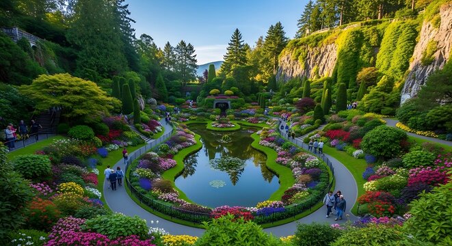 Lush colorful landscape of the famous Sunken Garden in British Columbia Canada.