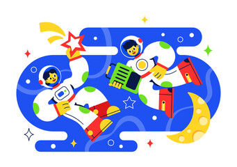 Fototapeta premium Space Tourism Illustration featuring Multinational Tourists Flying on a Rocket With Views of Outer Space Stations and Several Planets in a Background