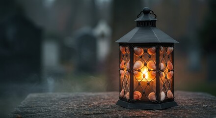 seashells - A beautifully crafted lantern glowing warmly on a stone surface in a misty graveyard, surrounded by blurred tombstones, evoking a serene and reflective atmosphere