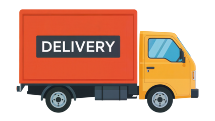 Bright orange and yellow delivery truck with the word delivery on its side isolated on transparent background