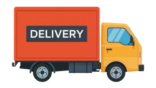 Bright orange and yellow delivery truck with the word delivery on its side isolated on transparent background