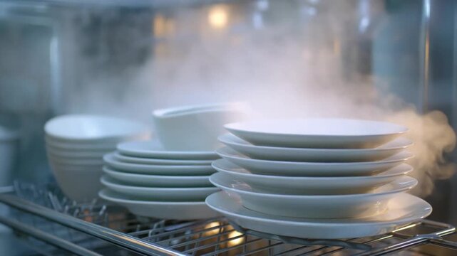 Freshly Steamed Dishware: A stack of pristine plates and bowls emerge from a steaming process, ready for service, evoking the anticipation of a delicious meal.