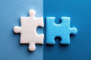 Obraz premium Two puzzle pieces, white and light blue, separated by a color divide