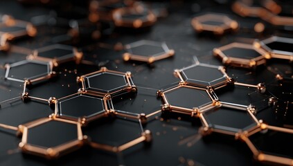Abstract 3D render of a network of interconnected black hexagonal shapes with copper-colored connecting nodes and subtle glowing particles, creating a futuristic technological or molecular structure