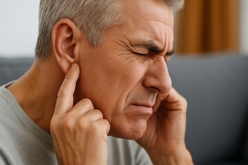 Fototapeta premium Side view of senior man with symptom of hearing loss. 