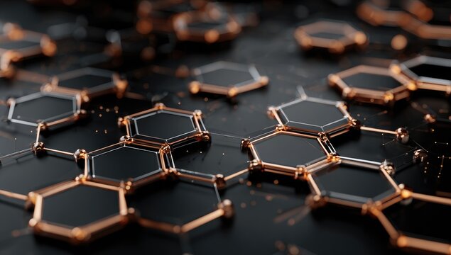 Abstract 3D render of a network of interconnected black hexagonal shapes with copper-colored connecting nodes and subtle glowing particles, creating a futuristic technological or molecular structure